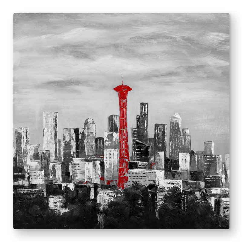 Space Needle in Red - Gray Metal Print for Home Decor
