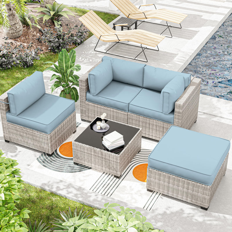 Outdoor 4" Thick Replacement Cushion Set Seat/Back Cushion (Set Of 3 Seats , 3 Backs , 2 Short Backs , 1 Footrest), Sky Blue
