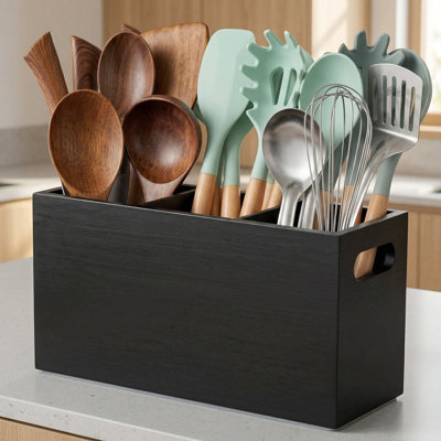 Black Kitchen Utensil Holder For Countertop - Wooden Large Utensil Caddy Organizer For Counter - 3 Compartment Cooking Utensil Crock For Silverware Spoon Spatula