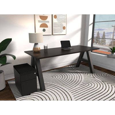 Serenity Modern A-Frame Executive Writing Office Desk, with Cushion Top Mobile Storage, 66x30, Espresso Top