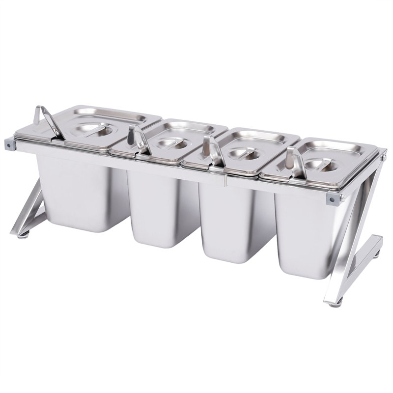 Étagère à épices extensible et réglable de 35 à 60 cm (13,8 à 23,6 po) en acier inoxydable, avec 3 bacs de 4,5 cm (1/9 po), 1 bac de 4,5 cm (1/6 po) et 4 louches, pour cuisines professionnelles et domestiques, couleur argent.