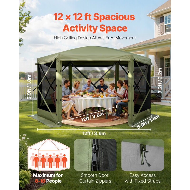 Pop up Gazebo Screen Tent, 12 x 12 ft Large 6-Sided Camping Canopy Tent with Removable Top & Carry Bag, Quick-Set & Bite-Proof, Screen House Sun Shelter for 8-10 Persons Backyard Patio, Green