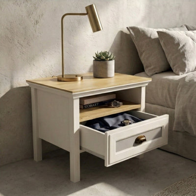 Table de chevet avec tiroir et tablette de rangement ouverte en MDF