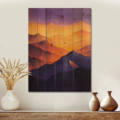 Lavande, pics au crépuscule II - Paysage de montagnes, art mural sur bois de pin naturel