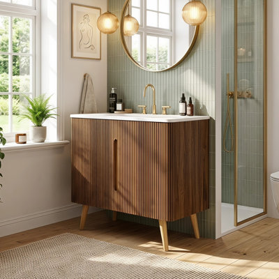 Meuble-lavabo autoportant avec texture noyer rayé et bords courbés