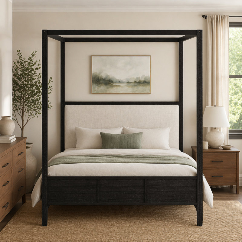 Lit plateforme à baldaquin en bois avec tête de lit tapissier, Noir, Grand lit