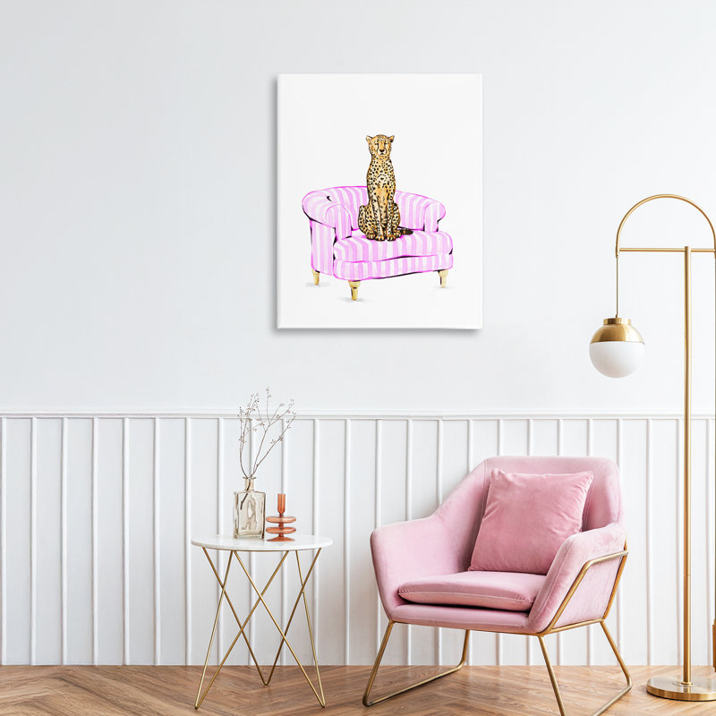 Guépard sur toile de chaise rayée rose, design par Ziwei Li, H 20 po x l 16 po