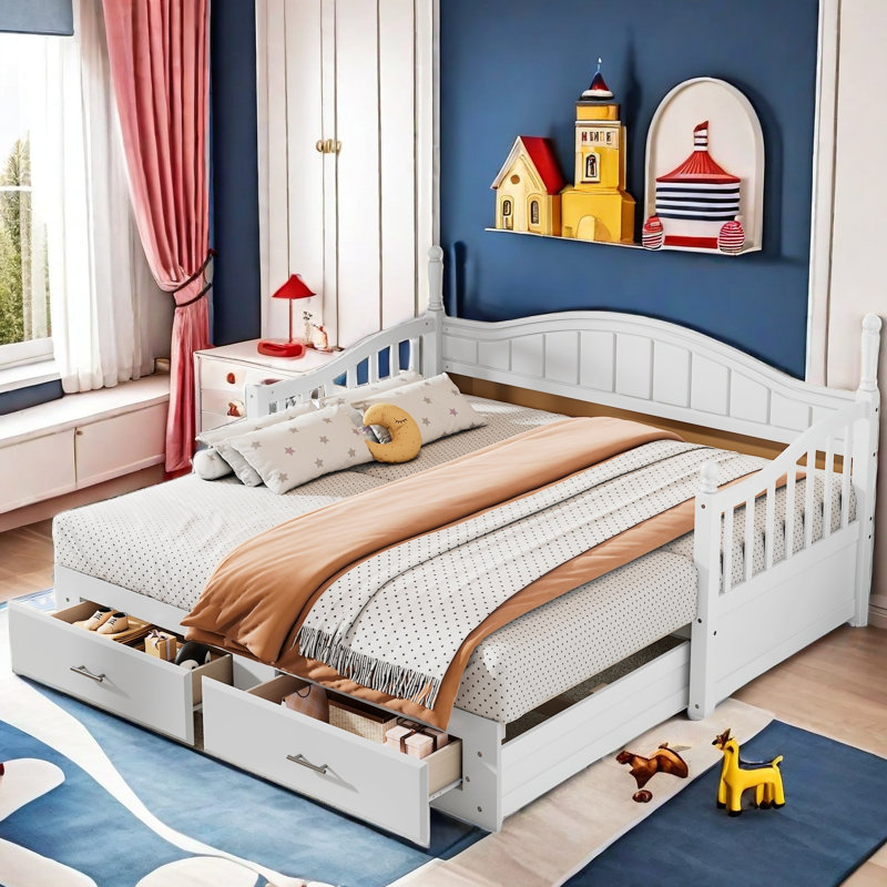 Gerjet Elegant Extendable Daybed with Two Storage Drawers and Twin Size Trundle, White