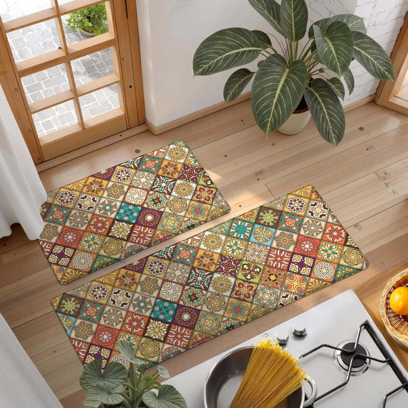 Anti-fatigue Kitchen Mats Set Of 2, Cushioned Waterproof Non-slip, Colorful Mosaic Pattern Kitchen Rugs