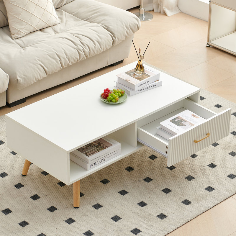 Table basse rectangulaire avec pieds en bois massif, tiroir coulissant pour le rangement, table moderne pour le salon, blanc