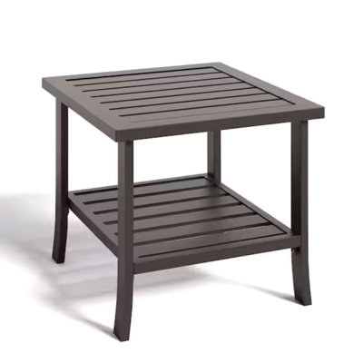 19" Square Brown Metal Outdoor Side Table, 2-Tier All-Weather Patio End Table