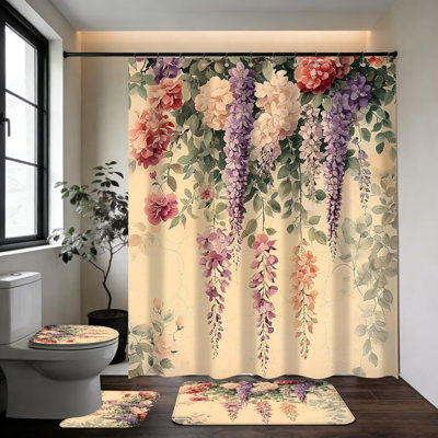 Ensemble de 4 rideaux de douche à motif floral en or blanc