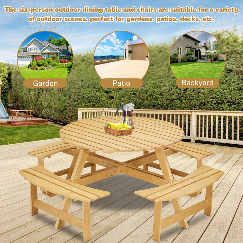 Kate Round Wooden Picnic Table,8 Person Table w/4 Built-in Benches, Yellow