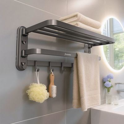 FIESONO No-Drilling Suction Cup 20 inch Towel Rack Double Bar Wall Mounted Foldable Towel Holder with 5 Hooks Bathroom Storage Organizer for Toilet & Washbasin Shower Essential Home Space Saving