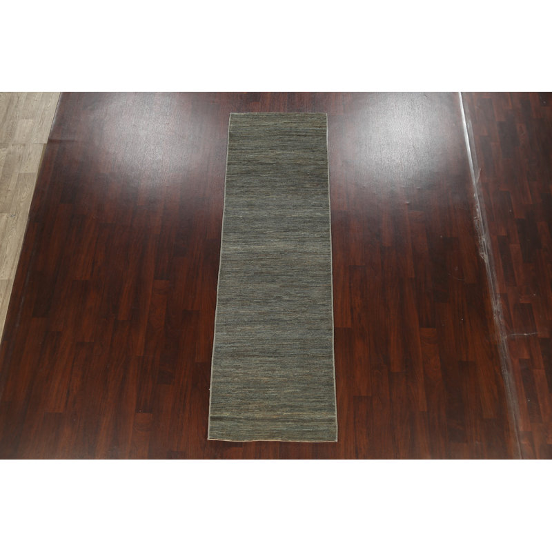 Tapis de couloir gris en laine noué à la main de conception unique 2 pi 11 po x 9 pi 6 po New Age