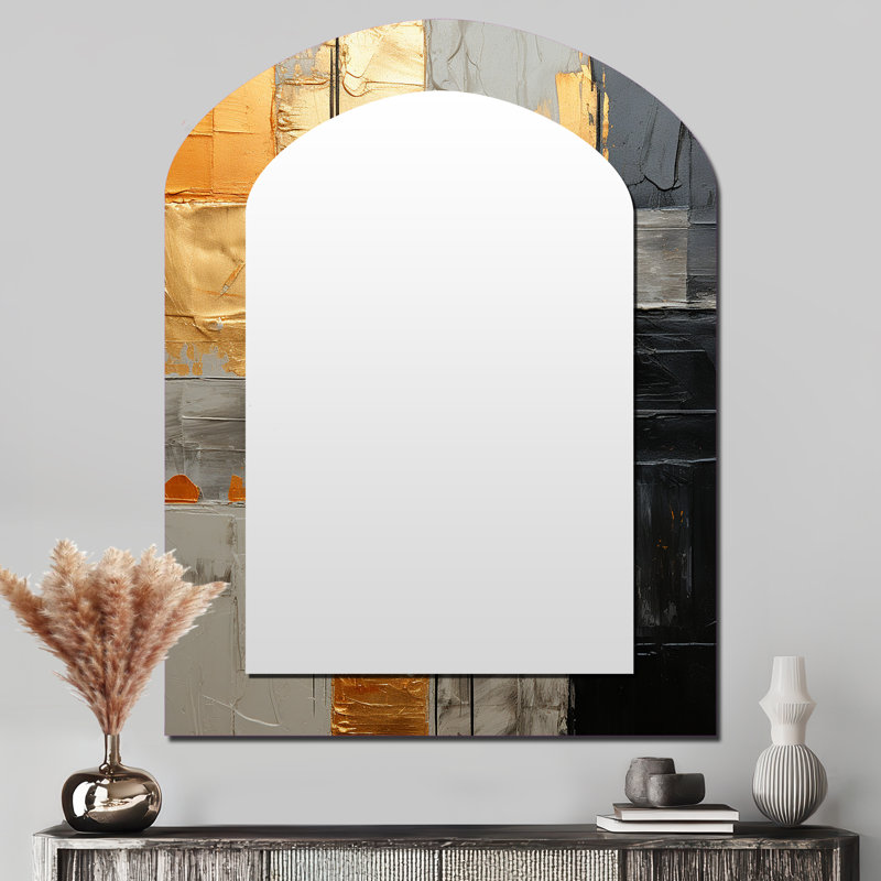 Gold Grey Gleaming Geometry I - Abstract Collages Asymmetrical Decorative Wall Mirror, Gold Arch Large Mirror, Printed Metal Art