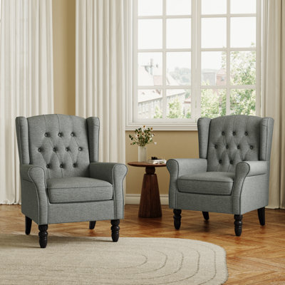 Duward Upholstered Gray Button Tufted Wingback Accent Chair with Rolled Arm and Thick Padded Cushion