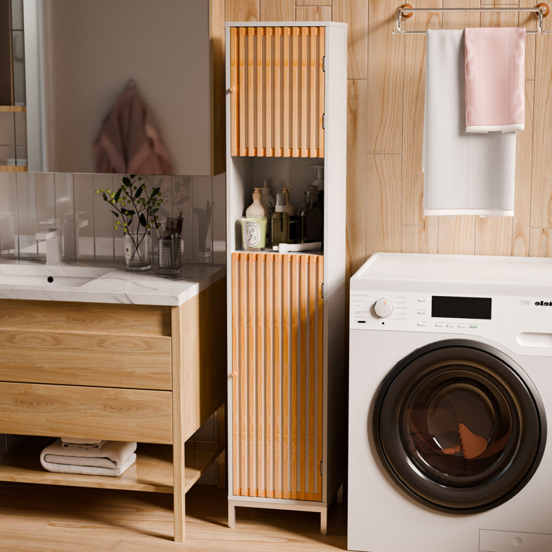 Armoire de rangement pour salle de bain haute avec portes en bambou - naturel / blanc
