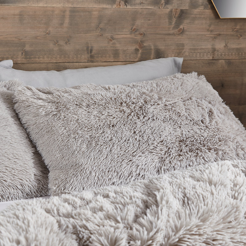 Cuddly Faux Fur Duvet Cover Set with Pillowcases, Single Duvet Cover - 1 Standard Pillowcase, Silver