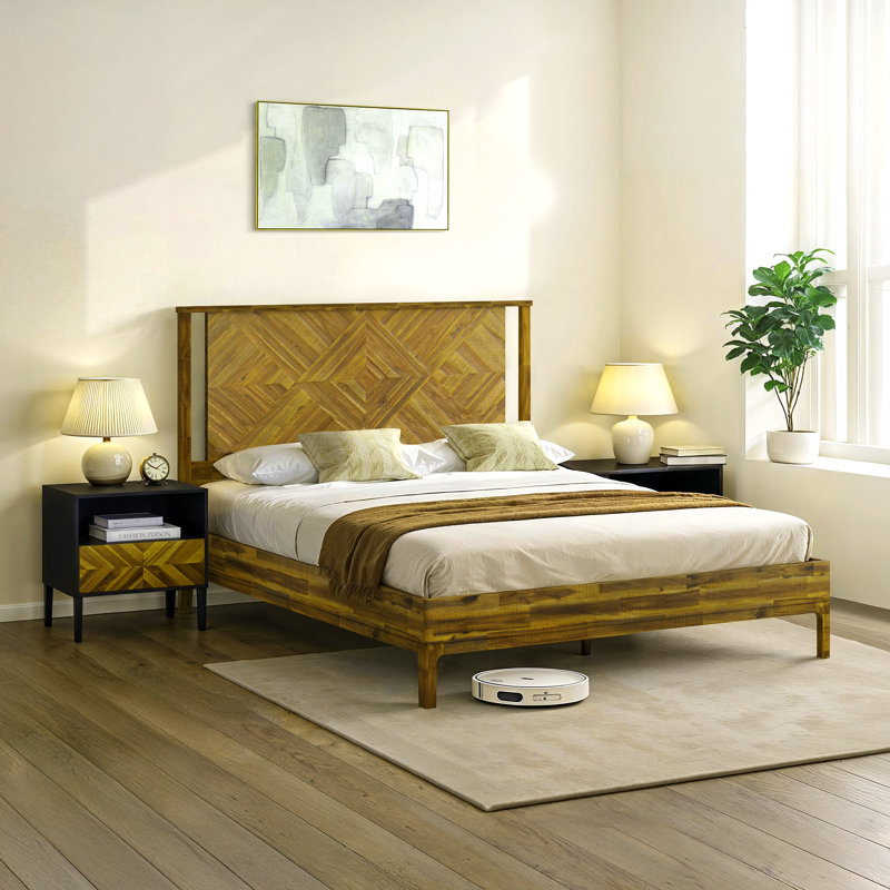 Ethan Solid Wood Platform Bed with Headboard, Rustic Bed Frame, Rustic Brown, Queen