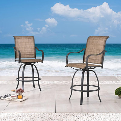 2-Piece Black Metal Outdoor Swivel Bar Stool Set with Brown Textilene Sling Fabric