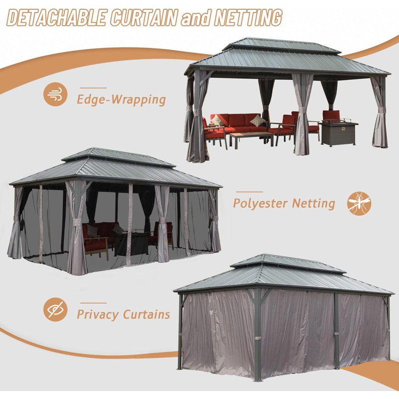 Pavillon de jardin d'extérieur en aluminium, Gris
