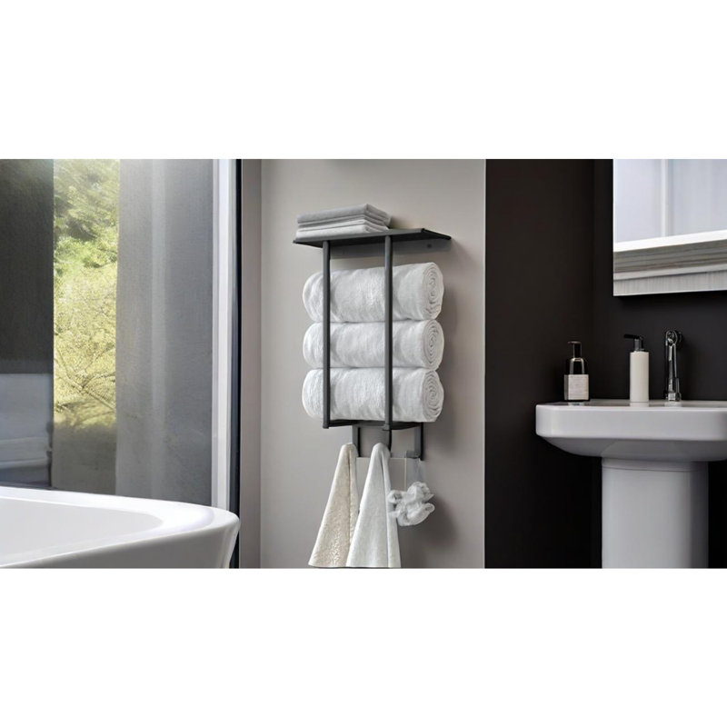 Porte-serviettes en métal avec tablette, fixé au mur avec 3 crochets, peu encombrant, Noir mat