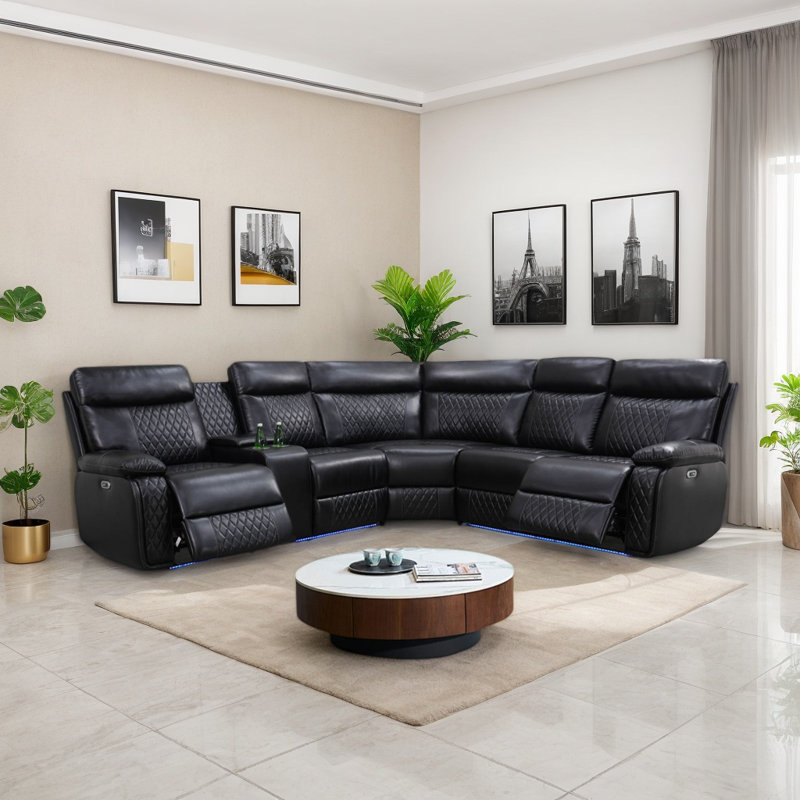 Rona 3-Piece Vegan Leather Power Reclining Sectional With  USB,Console