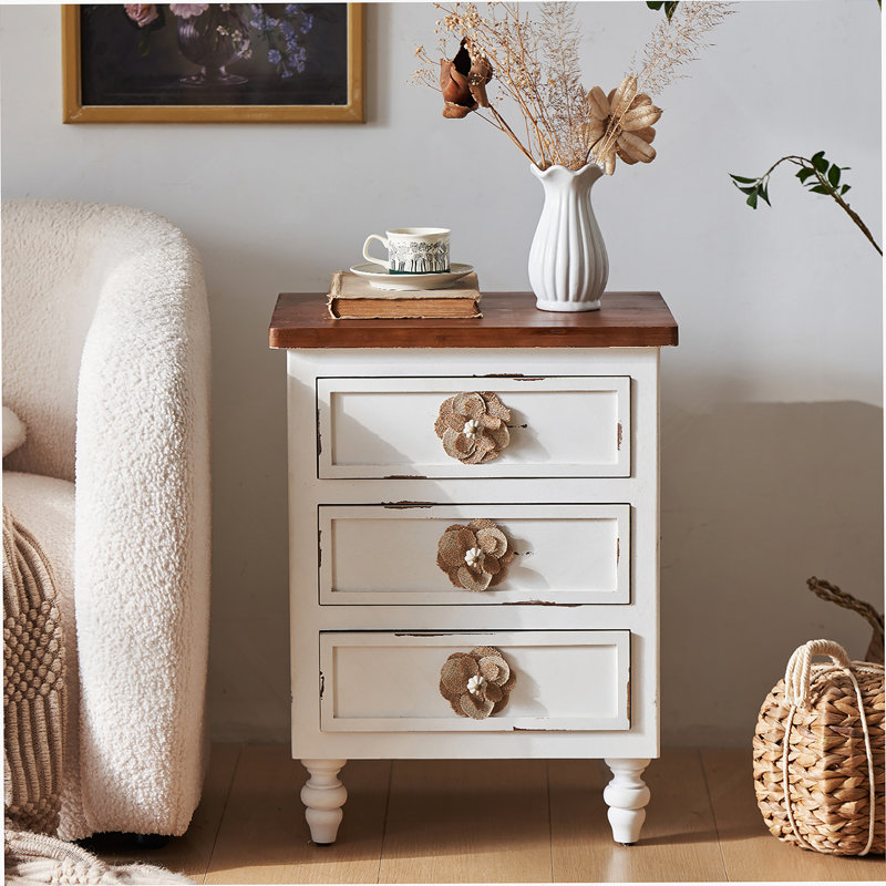 Table de bout Vintage Farmhouse, Blanc antique / noyer