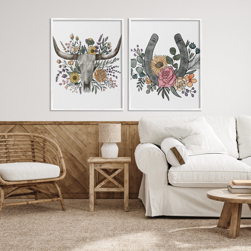 Ensemble de 2 giclées encadrées Boho Longhorn & Horseshoe, design par Alisha Kiara Design, H 30 po x l 24 po