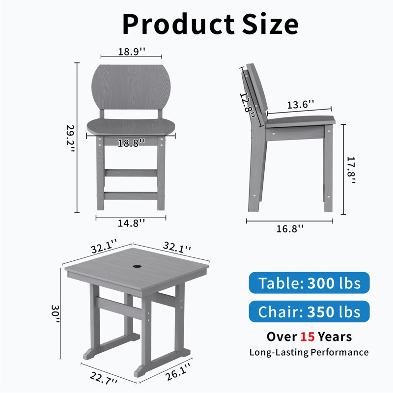 Small Space 4 - Person 32.1"  Square Dining Set Outdoor Poly Patio Chair with Table  All-weather Waterproof, Gray