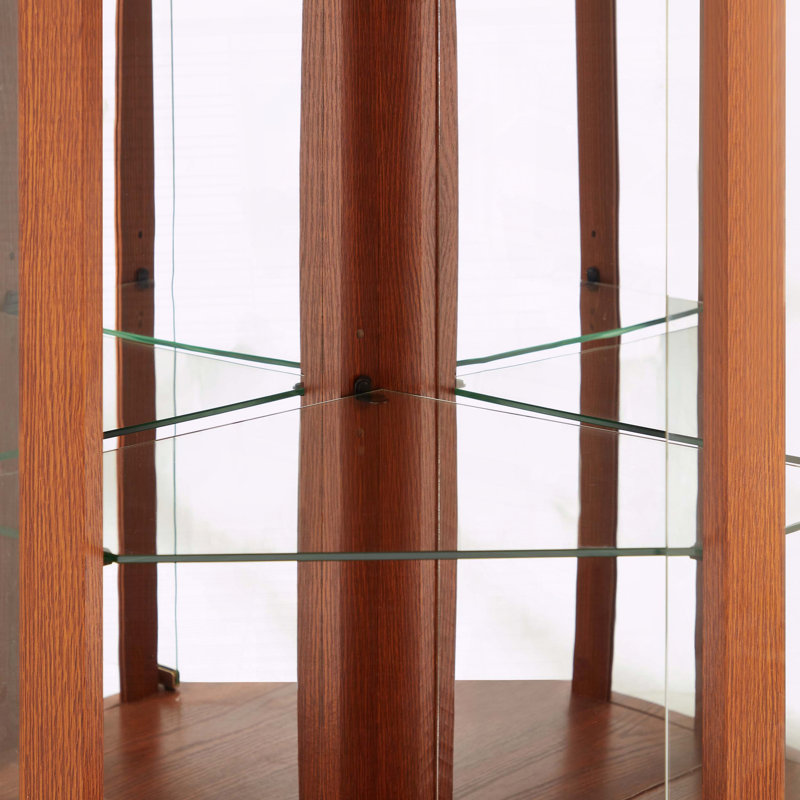 Corner Lighted Glass Cabinet with Adjustable Shelves, Dark Oak