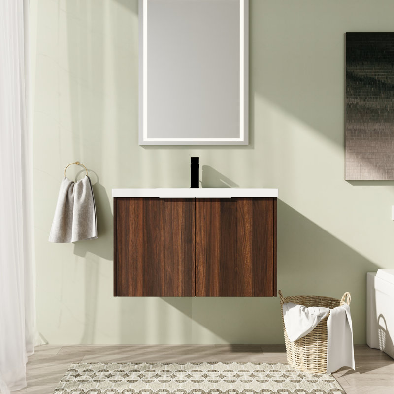 Meuble-lavabo mural simple 30 po avec plateau en résine, Brun