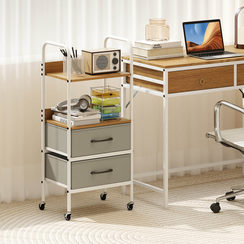 1 chariot de rangement utilitaire roulant PCS avec 2 tablettes ouvertes et 2 tiroirs en tissu pour la chambre à coucher