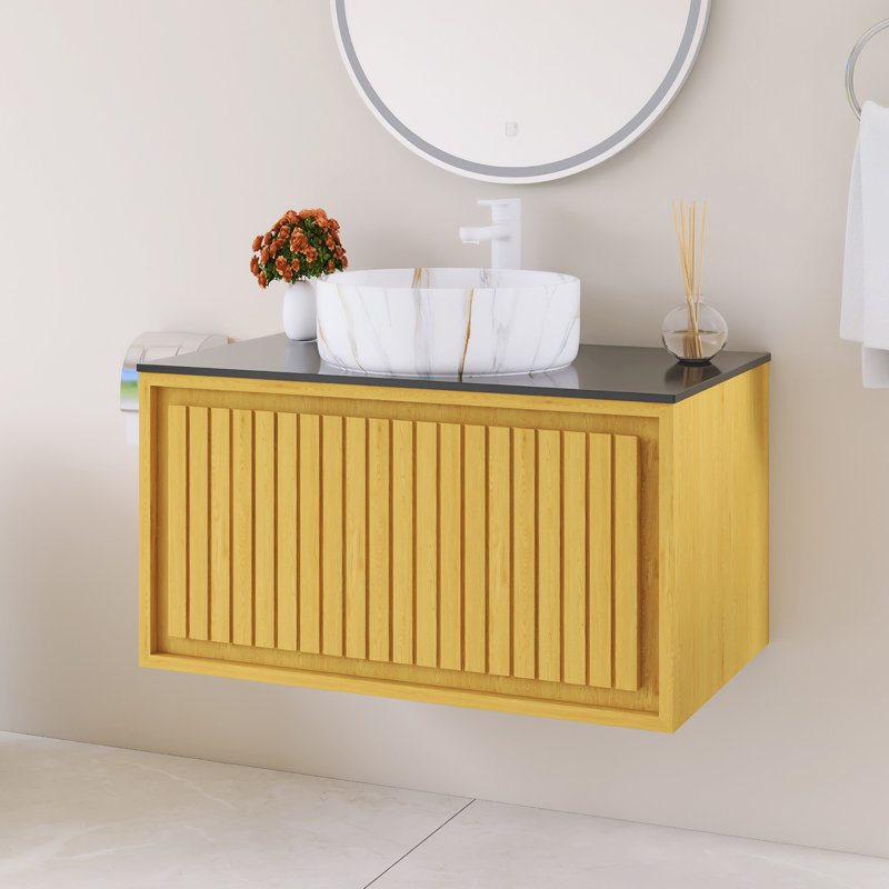 Meuble-lavabo mural simple avec comptoir en pierre frittée noire