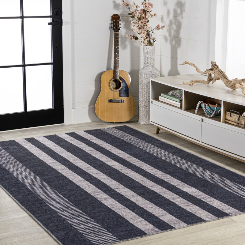 Zipporah Geometric Striped Machine-Washable Black/Ivory Rug, Rectangle 5'3" x 8'