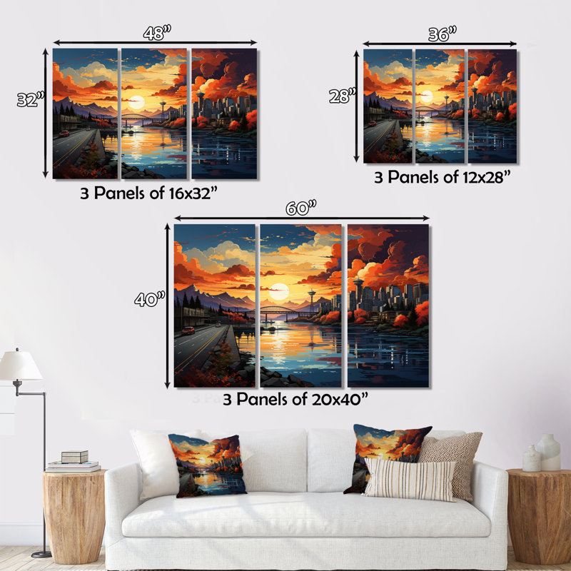 «City Vancouver Sunset Popart», reproduction sur toile 3 pièces, H 40 po x l 60 po x P 1 po