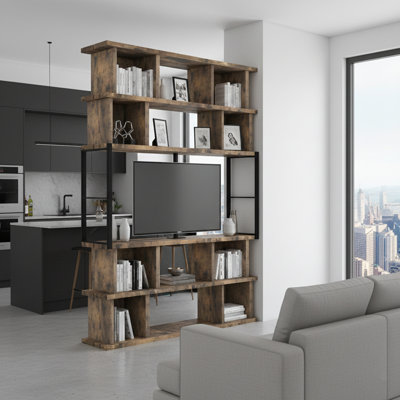 86" Industrial Rustic Brown 3-tier Room Divider Bookcase With Integrated Tv Mount