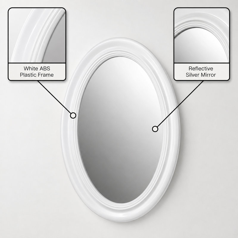 Solid Wood Flat Oval Wall Mirror with Decorative Frame Lightweight, Vertical or Horizontal Mount, White
