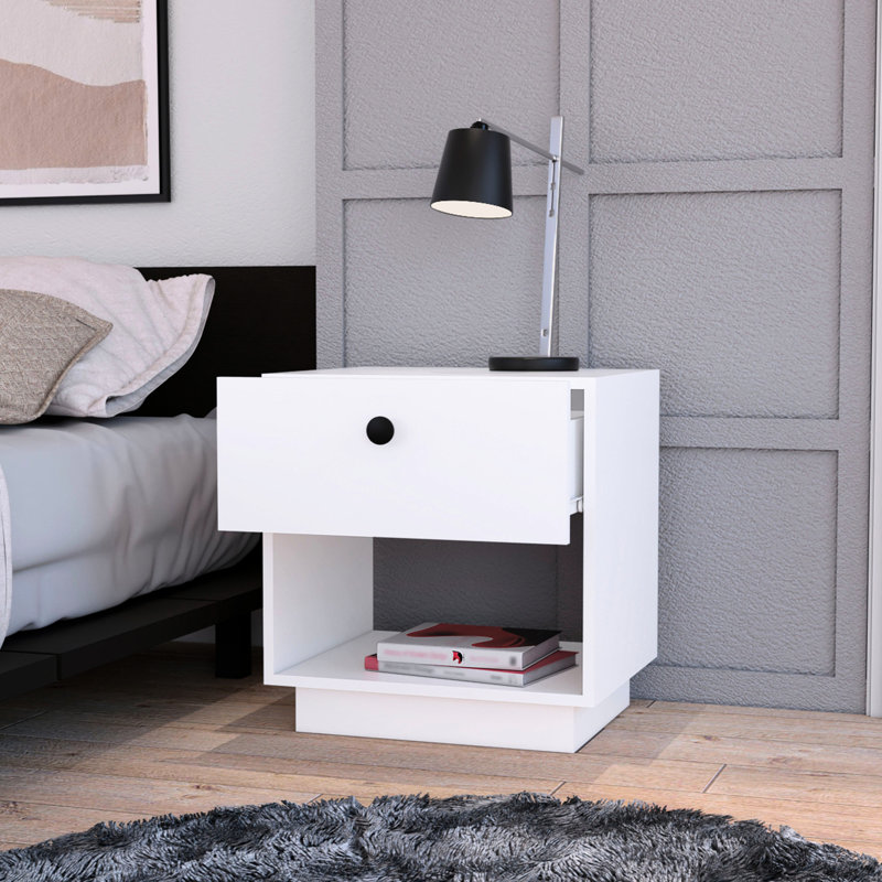 Table de chevet blanche pour la chambre à coucher - 1 tiroir et 1 rangement avec beaucoup d'espace, Blanc