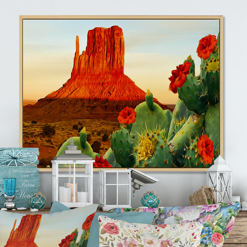 «Blooming Cactus In Texas», reproduction sur toile, H 12 po x l 20 po x P 1 po, Cadre flottant brun