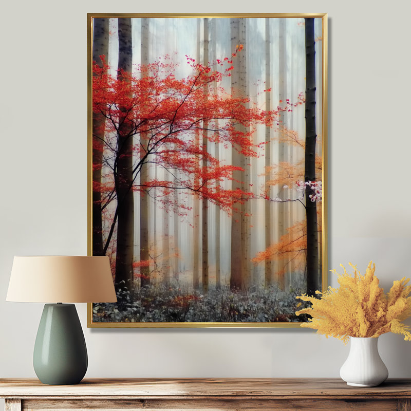 «Autumn Forest Morning Dew In Québec», art sur toile, nature rouge, H 32 po x l 16 po, Cadre flottant, Naturel