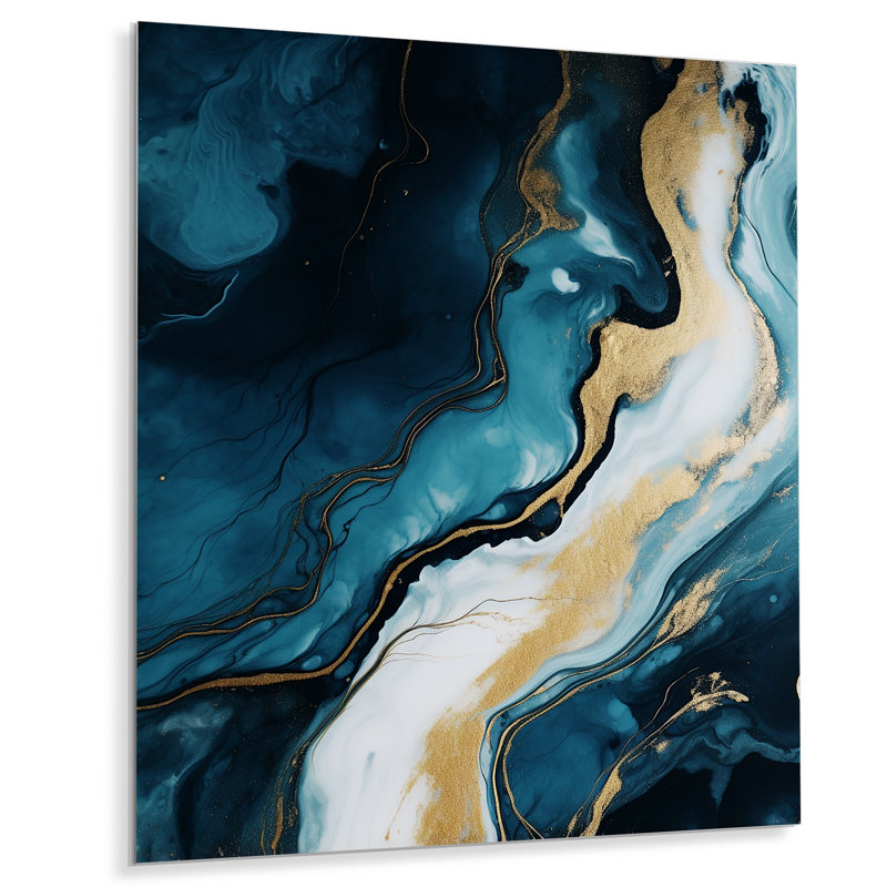 Décoration murale dorée et bleue abstraite I - décoration murale en marbre, H 32 po x l 16 po x P 1 po