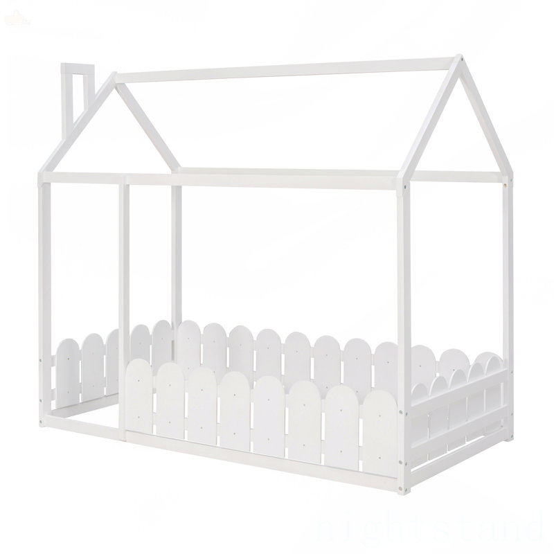 Structure de lit simple en bois avec clôture, Blanc