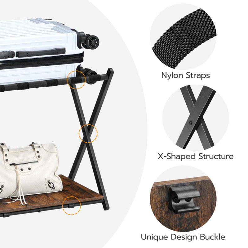 Porte-bagage pliable brun / noir pour chambre d'amis / chambre à coucher / garde-robe / hôtel - sans assemblage, double rangement, capacité de 110 lb