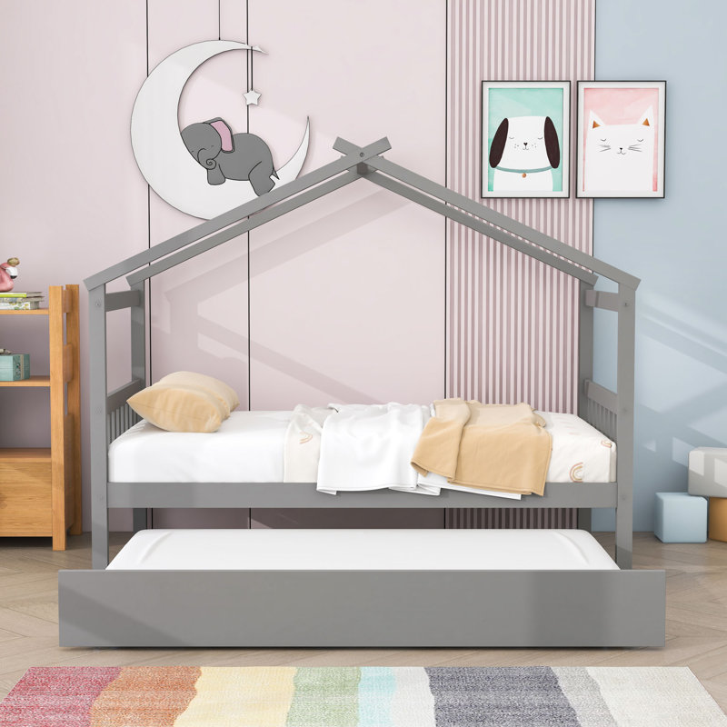 Lit maison en bois avec lit gigogne Iakup, Simple, Gris