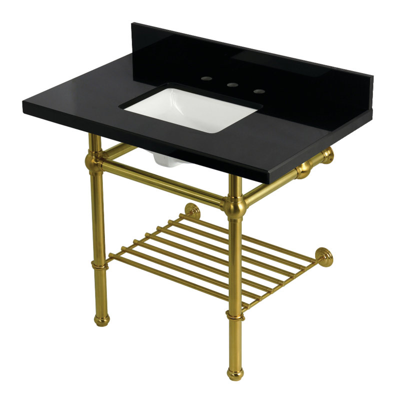 Kingston Brass Templeton 36-Inch Black Granite Console Sink with Brass Legs and Shelf (8-Inch, 3-Hole)