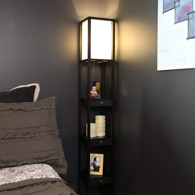 Lampe sur pied moderne avec tiroir, tablettes et ampoule DEL - Conception d'inspiration asiatique pour le salon, la chambre à coucher et le bureau