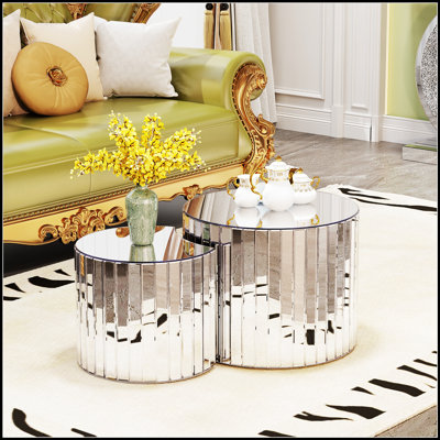 Table basse ronde de luxe avec miroir - Mobilier de salon moderne argenté pour une décoration intérieure élégante