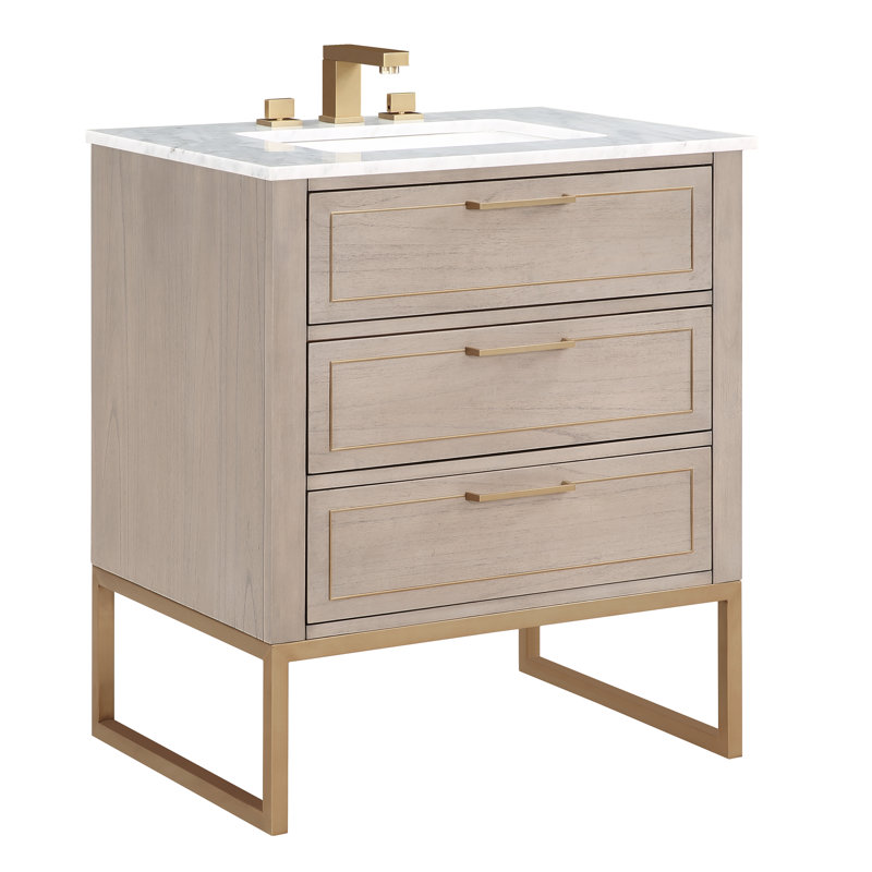 Ensemble de meuble-lavabo simple 30 po Markham, Gris cachemire, Marbre de Carrare, Laiton satiné